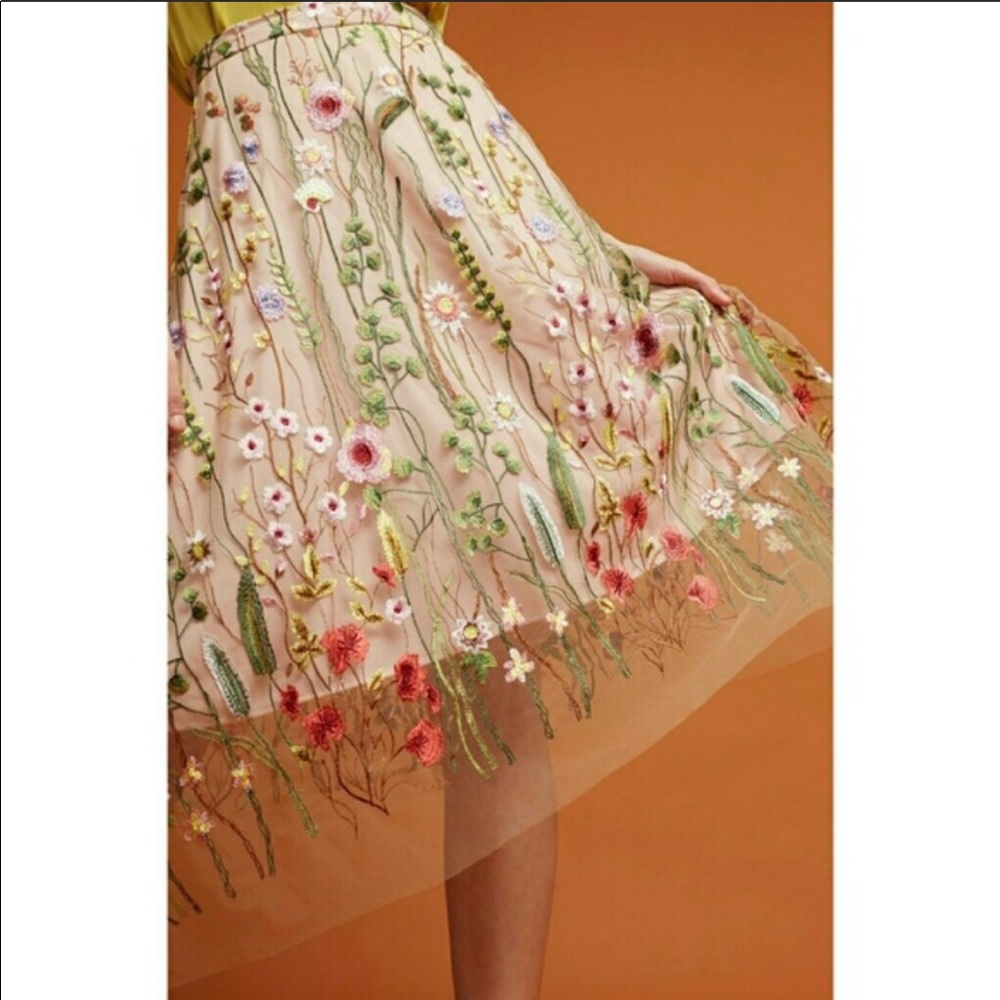 Anthropologie floral embroidered tulle skirt sz 0